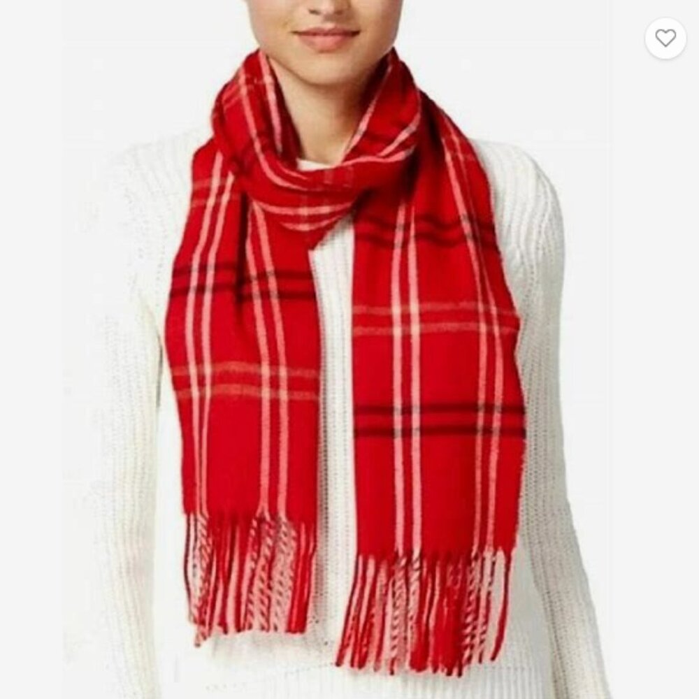 Steve Madden Fringed Red Scarf with Black & White Checks - NWT